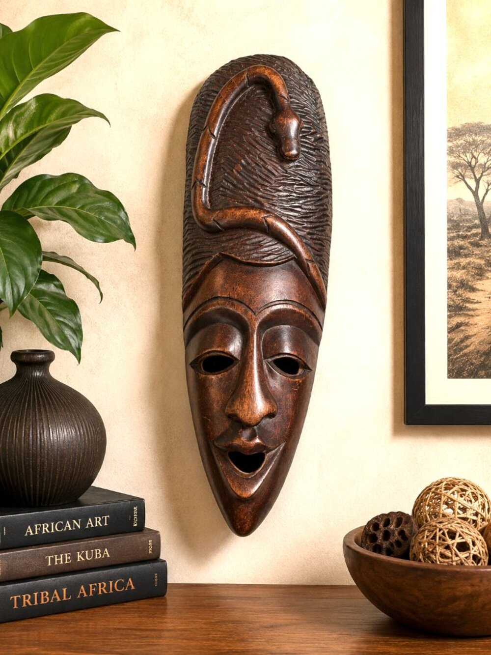 Vintage Hand Carved African Tribal Wood Wall Mask Snake Cobra 20" Decor